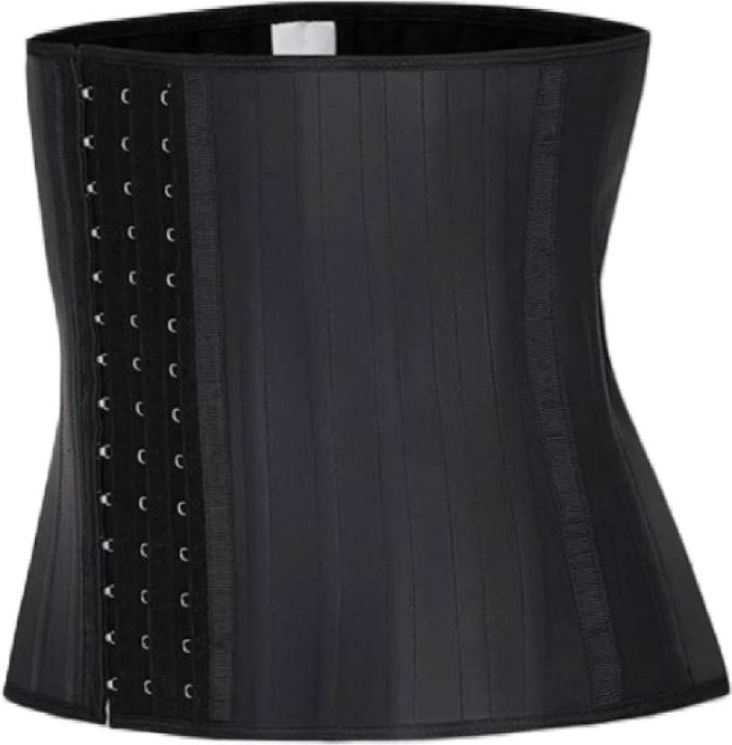 Black waist trainer with metal hooks on a white background