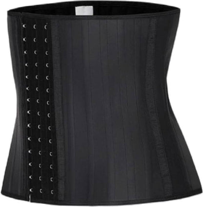 Black waist trainer with metal hooks on a white background