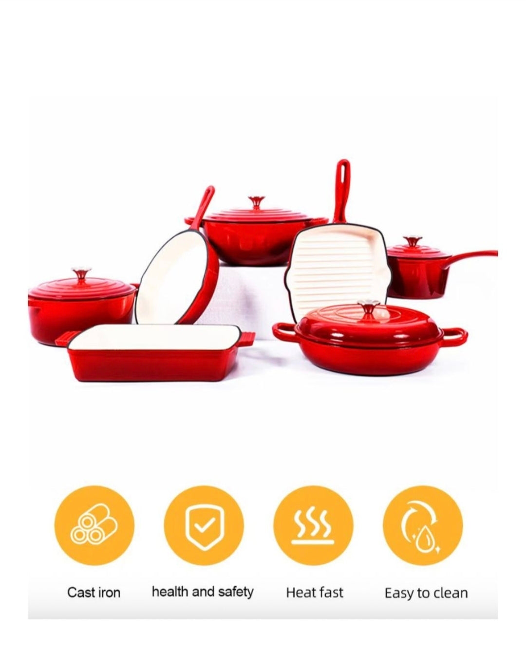 A set of red enameled cast iron cookware with cream-colored interiors, including pots, pans, and a rectangular baking dish, displayed on a white background with four yellow feature icons below.