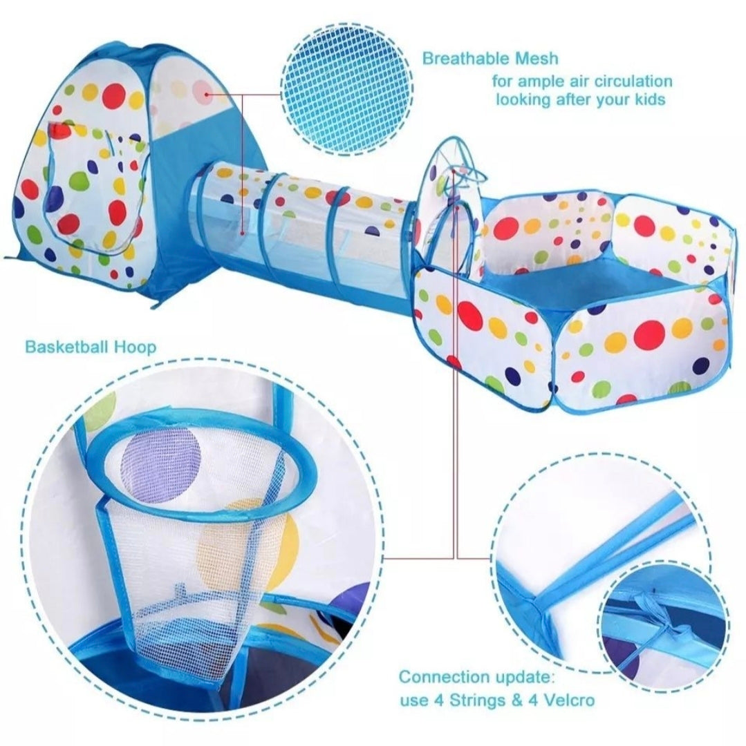 Children's playpen with colorful polka dot design, breathable mesh, and basketball hoop.
