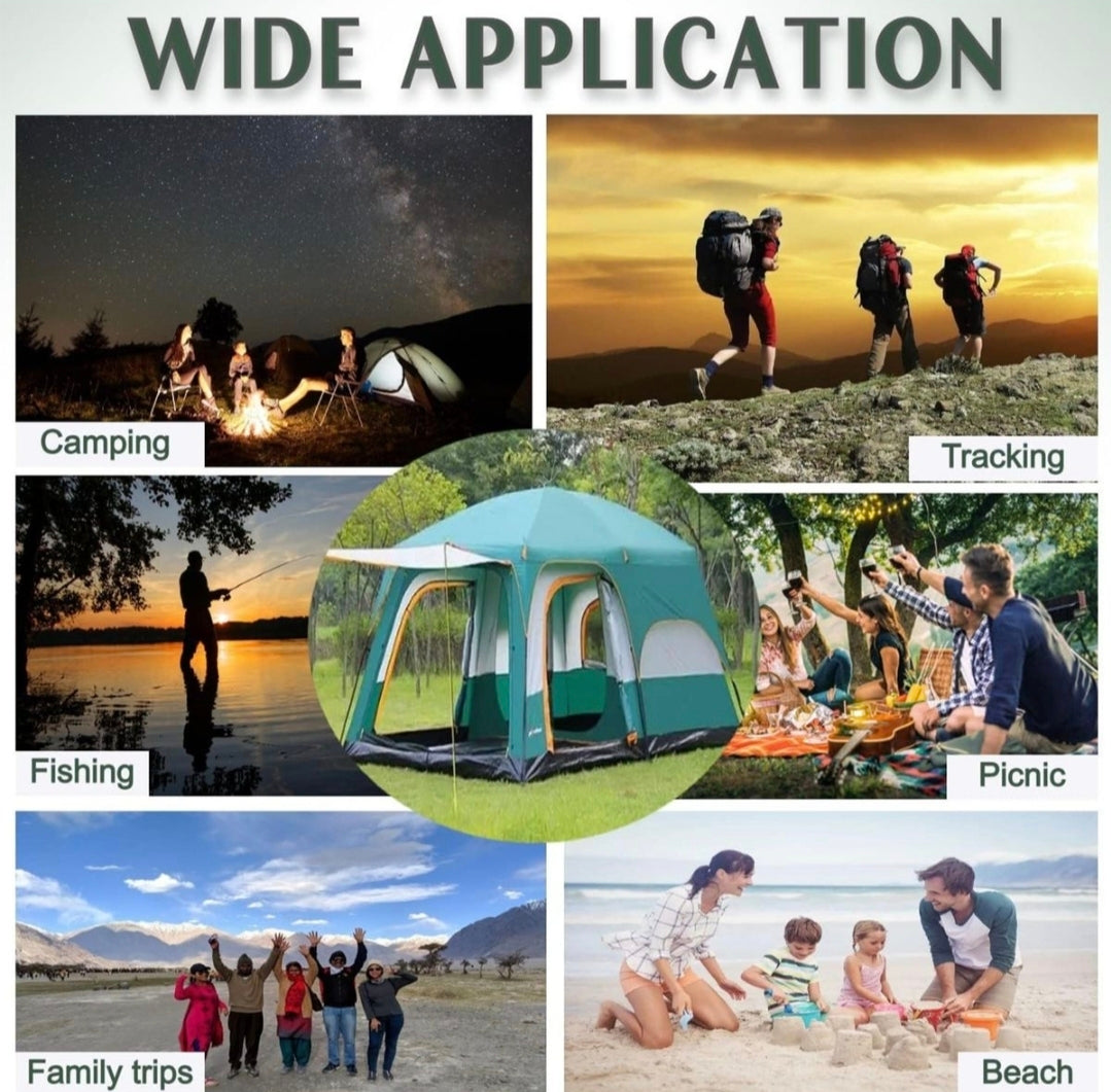 A promotional collage for a camping tent with the large text 'WIDE APPLICATION' at the top. The center shows the tent itself, surrounded by six smaller lifestyle photos labeled Camping, Tracking, Fishing, Picnic, Family trips, and Beach, all demonstrating the tent in use.