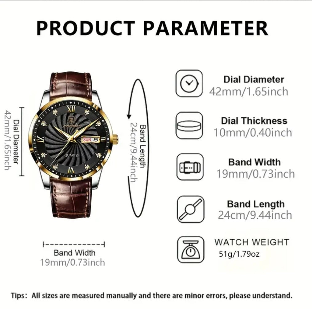 Product parameter chart for a watch with dimensions and features.