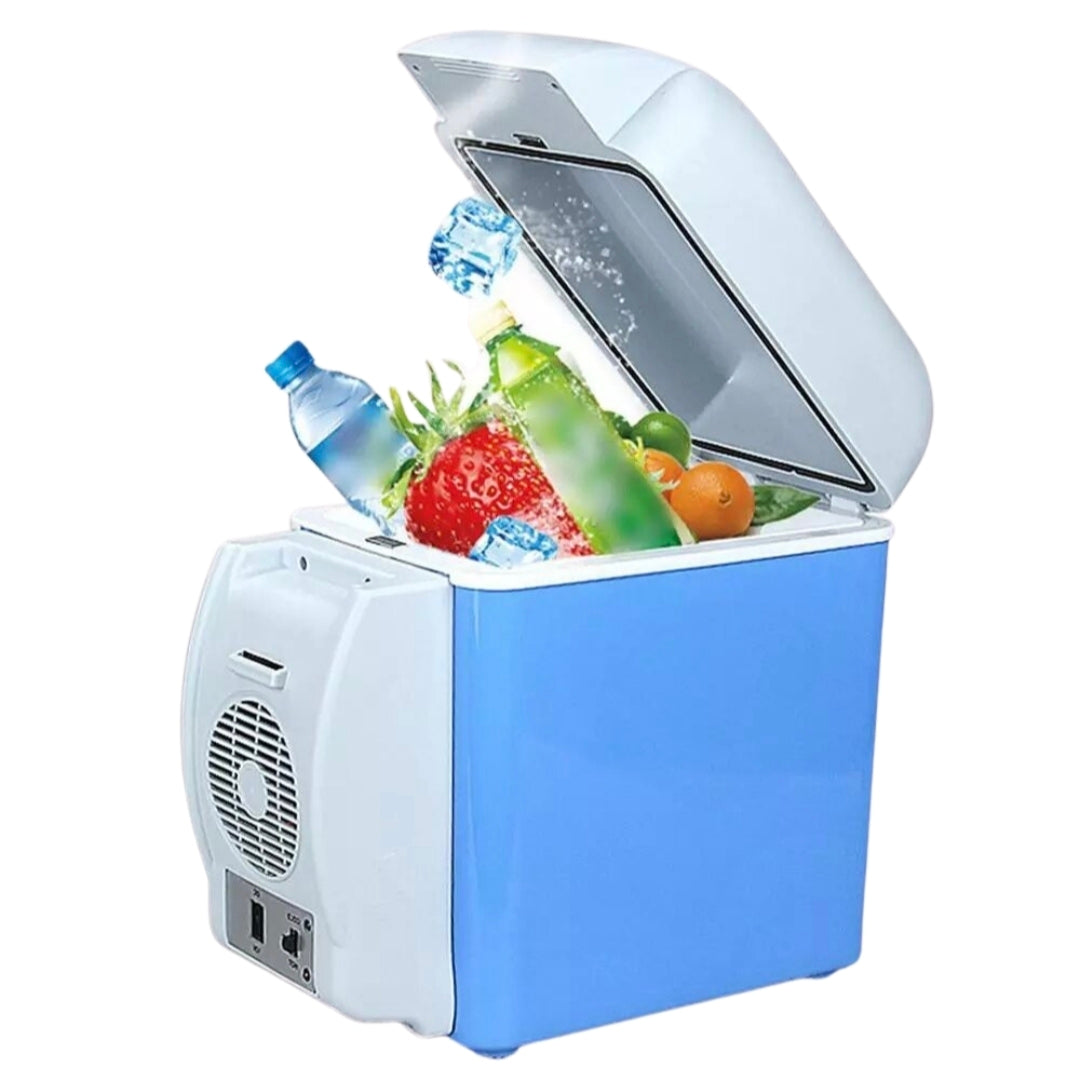 Portable refrigerator with food items on a white background