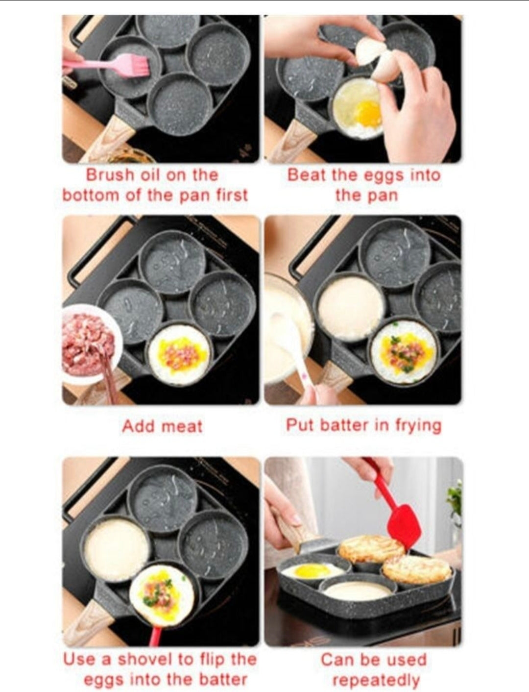 A 6-panel instructional collage showing how to use a black multi-compartment electric skillet or griddle pan for cooking eggs, batter, and meat, with red text labels in each panel.