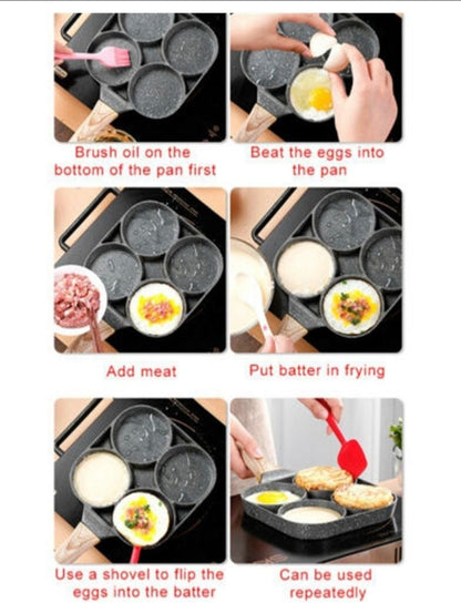 A 6-panel instructional collage showing how to use a black multi-compartment electric skillet or griddle pan for cooking eggs, batter, and meat, with red text labels in each panel.