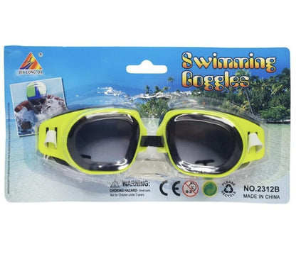Packaged swimming goggles with a blue background and brand logo.