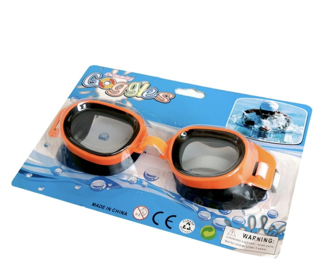 Orange goggles in packaging with blue background
