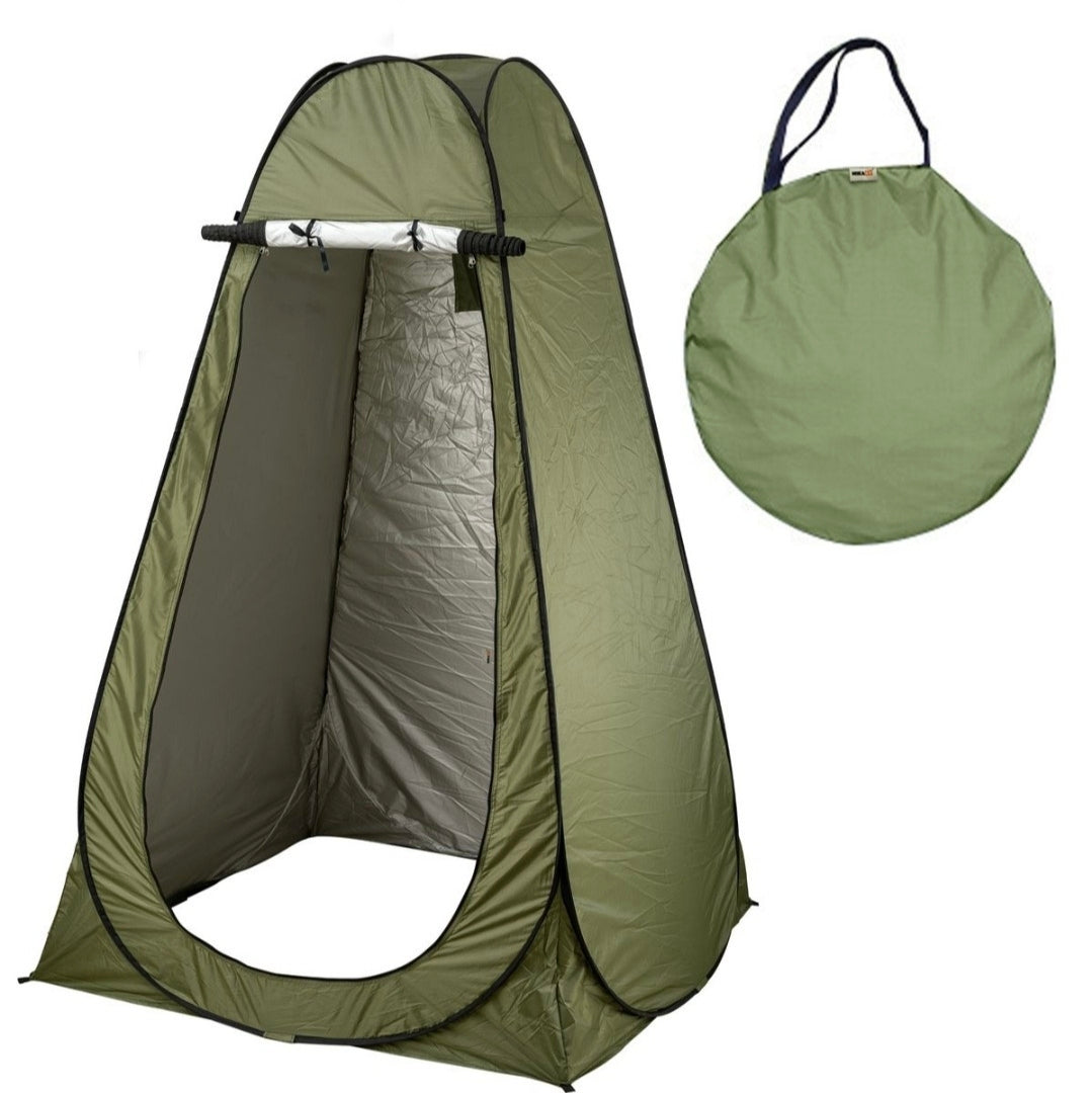 Green pop-up tent with carrying bag on a white background
