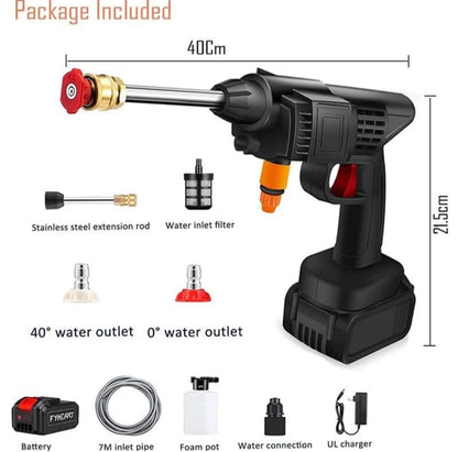 Power washer with included accessories and dimensions on a white background