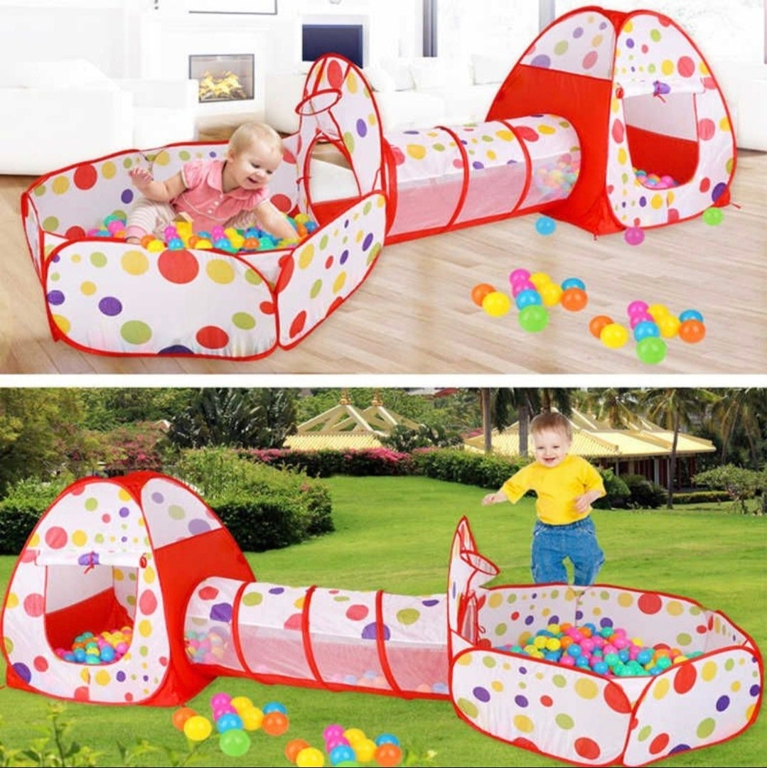 Children's play set with ball pit and tunnel in indoor and outdoor settings.