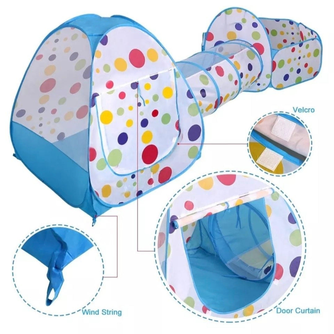 Children's play tent with polka dot design, featuring Velcro, wind string, and door curtain details.