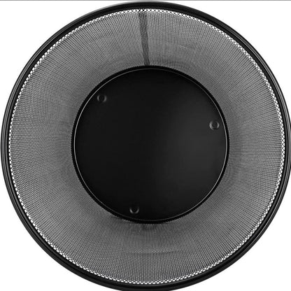 A circular black mesh screen or filter basket with a solid black center plate, shown against a plain white background.