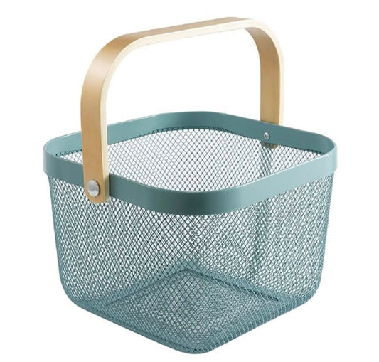 A square metal mesh basket in a muted teal blue, featuring a light natural wood handle and matching top trim, set against a plain white background.