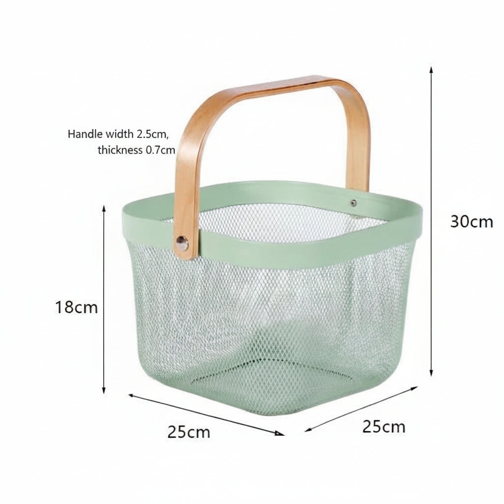A mint green mesh storage basket with a light wood handle, shown with dimension labels and arrows indicating measurements of 25cm by 25cm by 30cm, plus handle width 2.5cm and thickness 0.