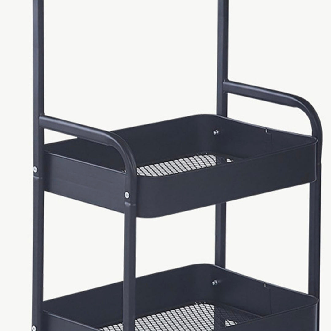 Black metal utility cart with two shelves on a white background