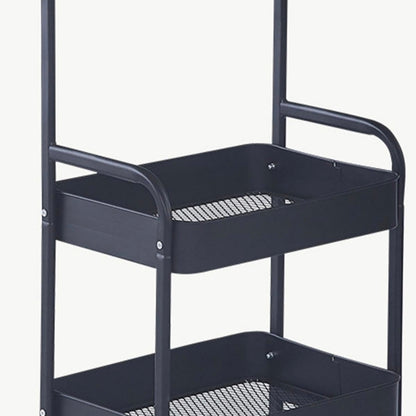 Black metal utility cart with two shelves on a white background