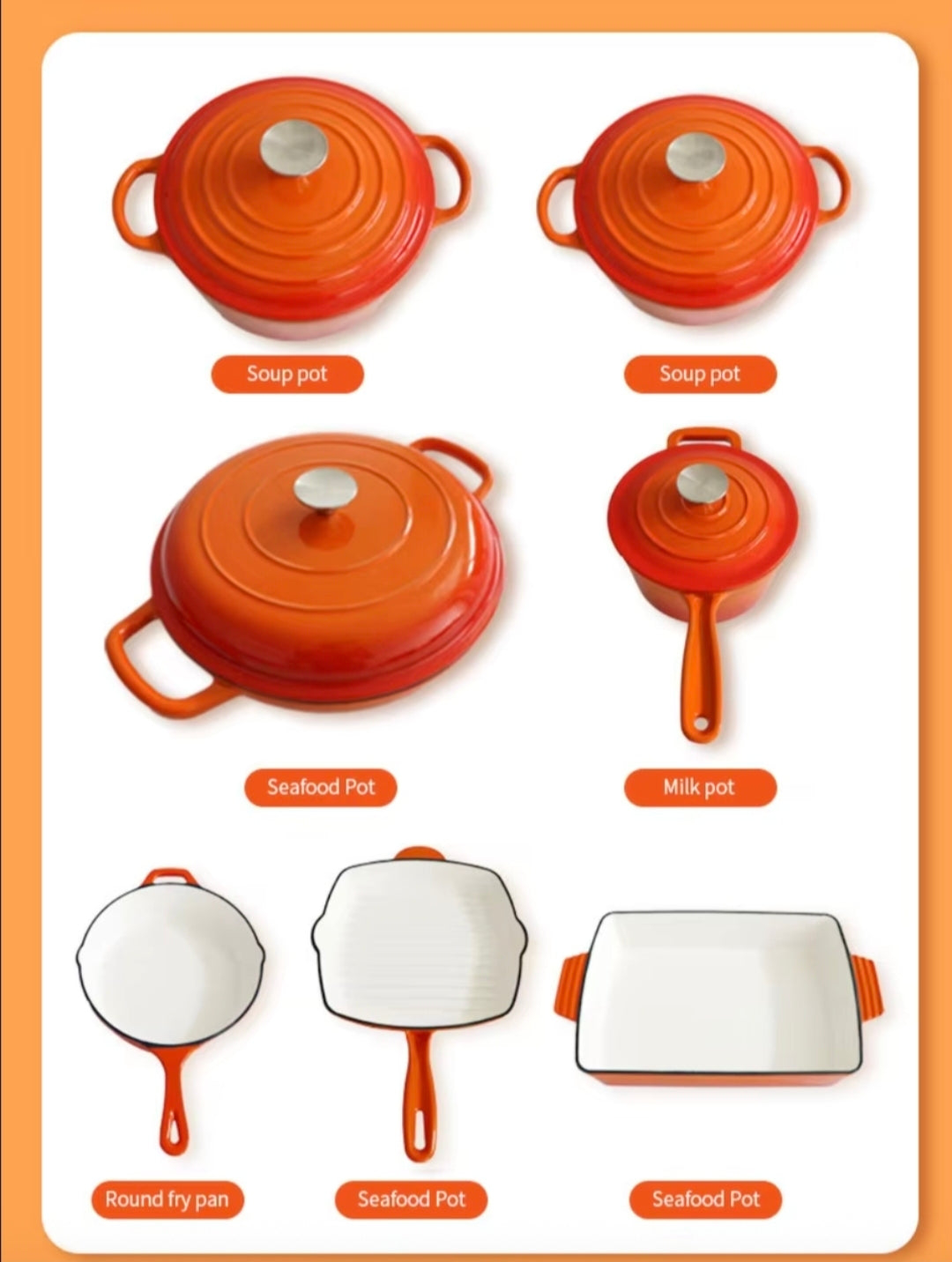 A product collage showing multiple orange enameled cast iron cookware pieces on a white background with orange border. The items include two soup pots, one seafood pot, one milk pot, two round fry pans, and one rectangular seafood pot, each with a lid and handle.