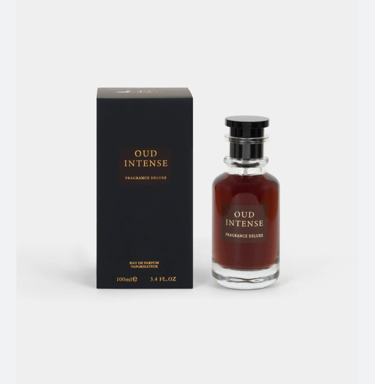 Oud Intense perfume bottle and packaging on a white background