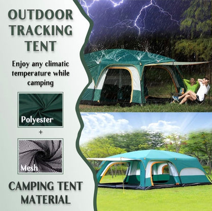 Outdoor tracking tent in green and white shown camping in a grassy field under a stormy night sky with lightning, plus a daytime scene on a lawn. Text on the left highlights waterproof polyester and mesh material.