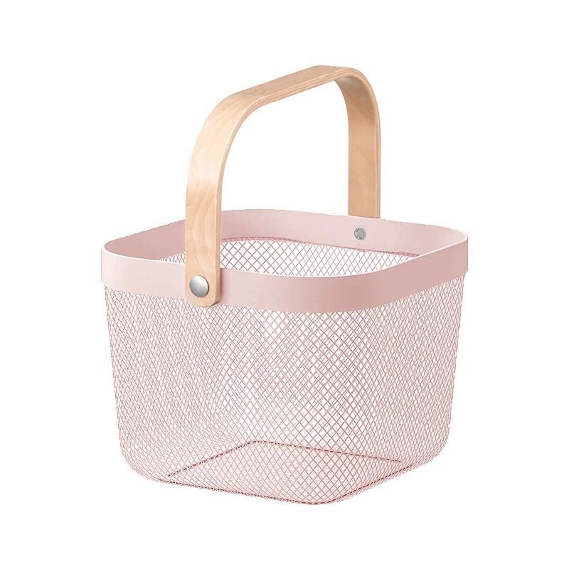 A light pink wire mesh basket with a natural wood handle and a matching pink top rim, shown on a plain white background.