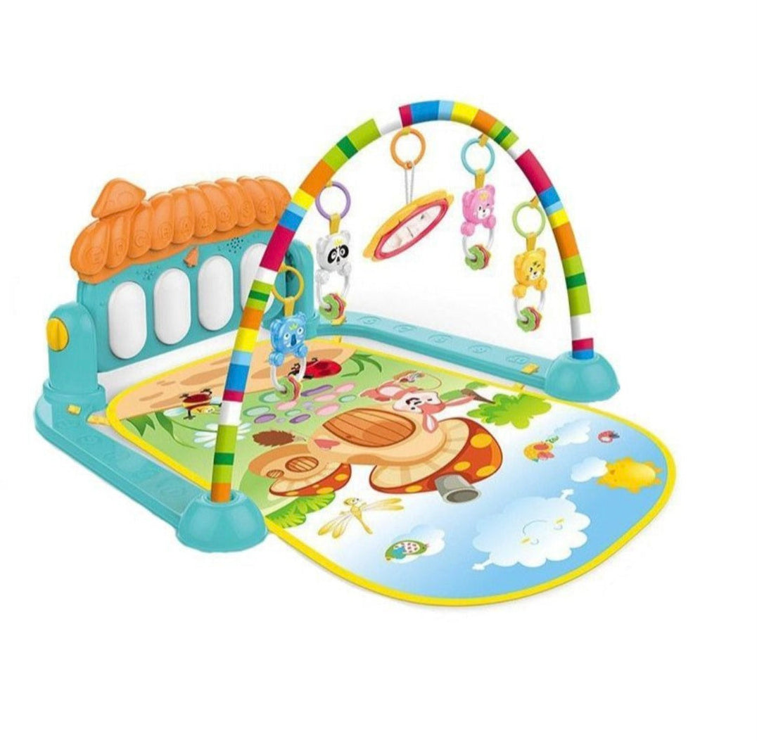 Children's play mat with colorful arch and toys on a white background