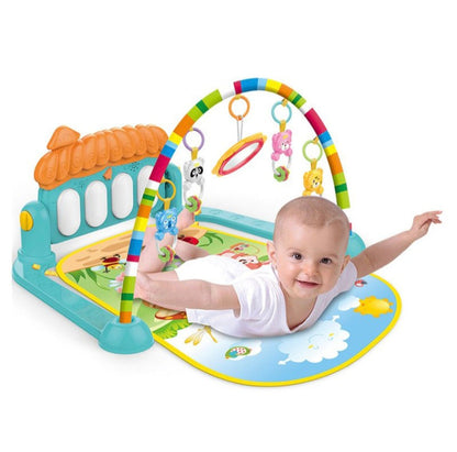 Baby playing on a colorful activity gym with various toys.