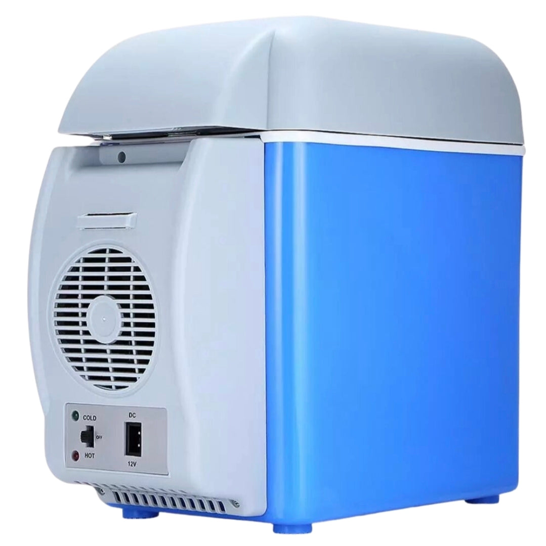 Blue and white portable cooler with a fan on a white background