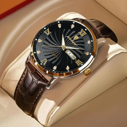 Luxury watch with brown leather strap and black dial on a beige surface, featuring the Poedagar brand.