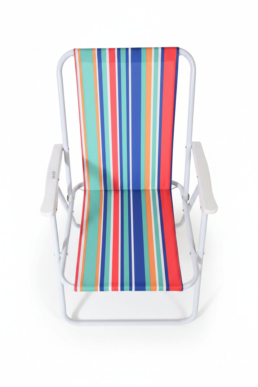Colorful striped lounge chair on a patterned rug