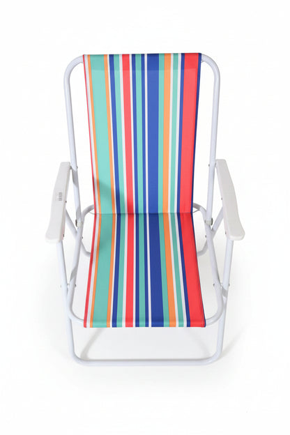 Colorful striped lounge chair on a patterned rug