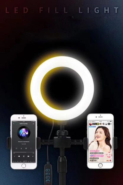 Ring light with smartphone holders and app interface on a dark background