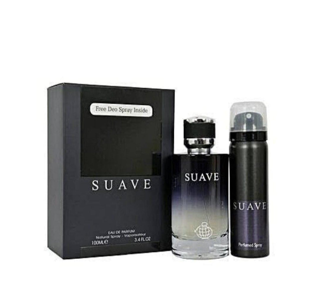 Suave perfume set with two bottles and a box on a white background