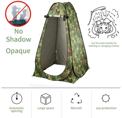 Camouflage pop-up tent with features listed on a white background
