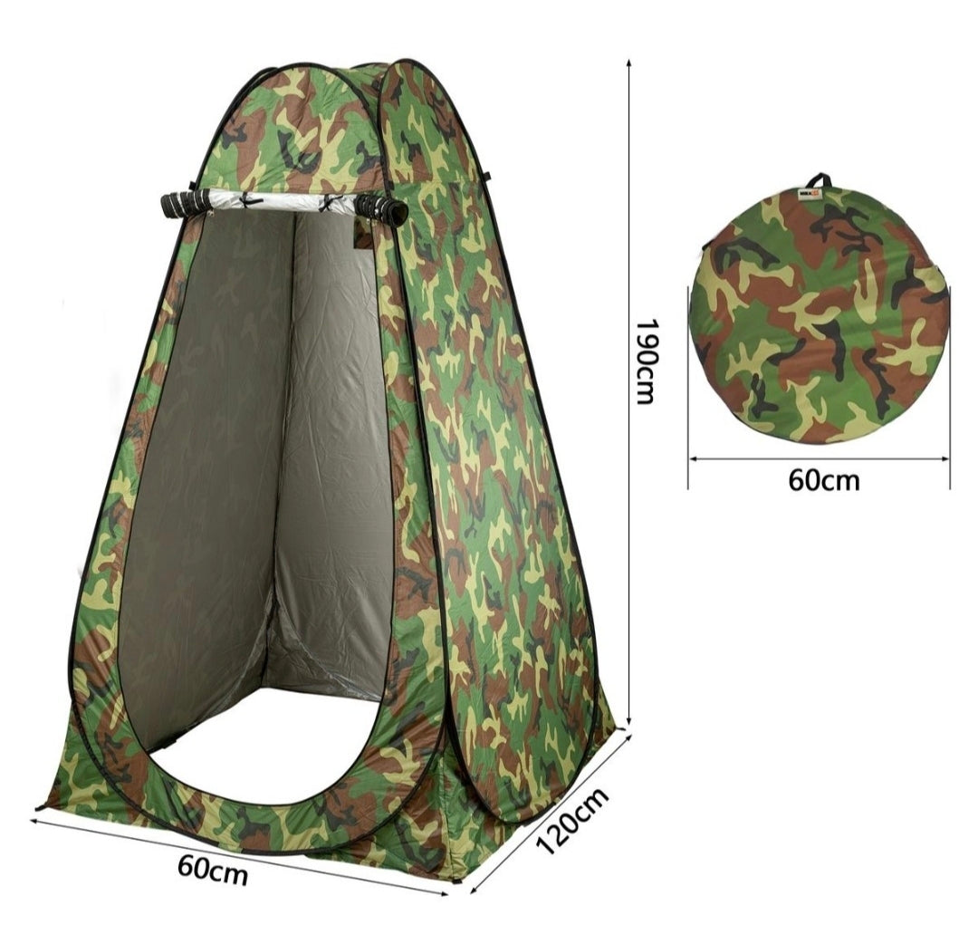 Camouflage-patterned pop-up tent with dimensions on a white background