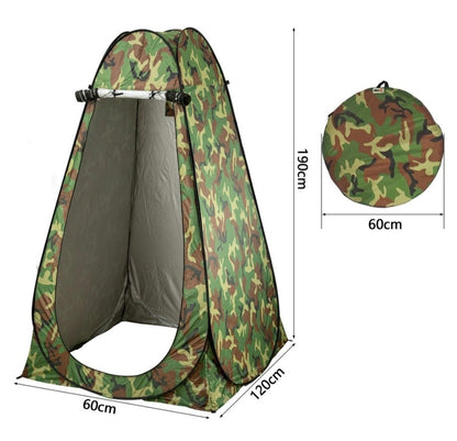 Camouflage-patterned pop-up tent with dimensions on a white background