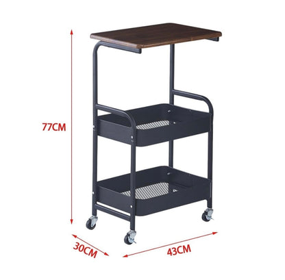 Black metal trolley with wooden top and dimensions indicated on a white background