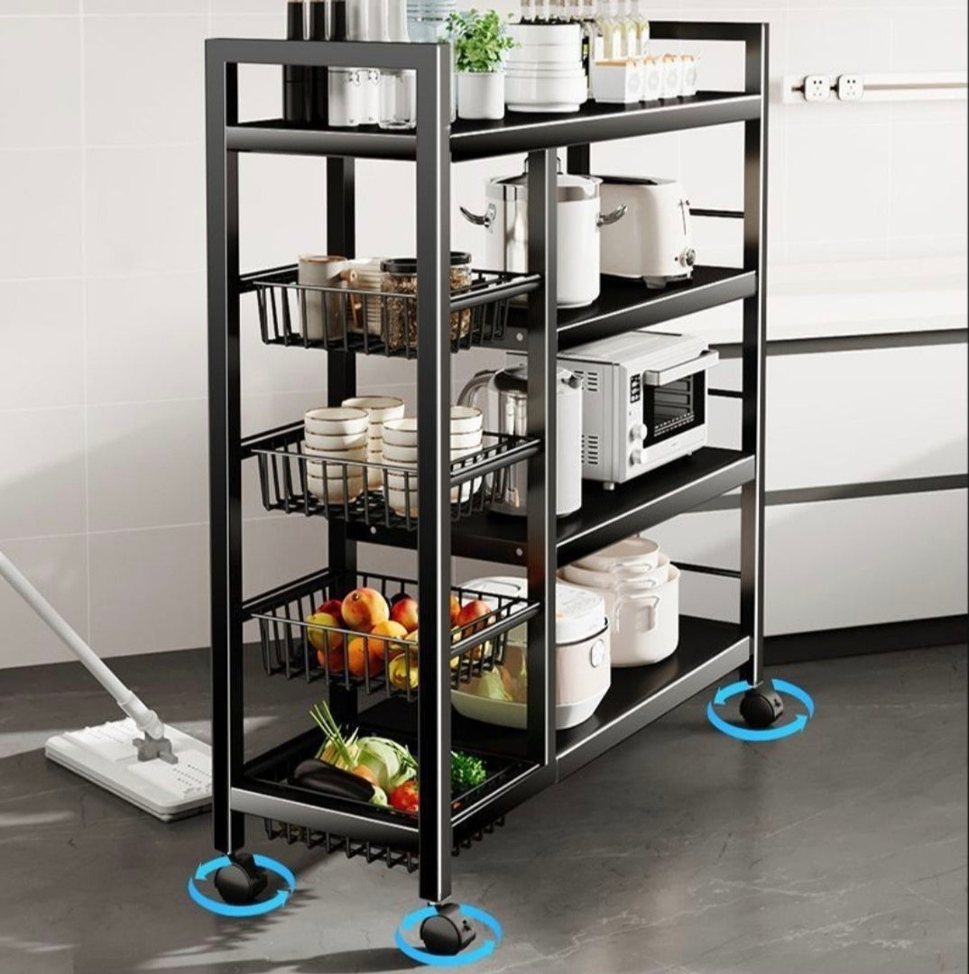 A black metal rolling kitchen cart with five shelves, shown in a kitchen setting with various kitchen items and blue circular overlays highlighting the wheels.