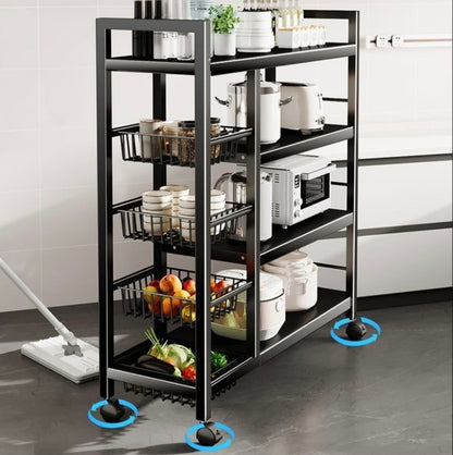 A black metal rolling kitchen cart with five shelves, shown in a kitchen setting with various kitchen items and blue circular overlays highlighting the wheels.