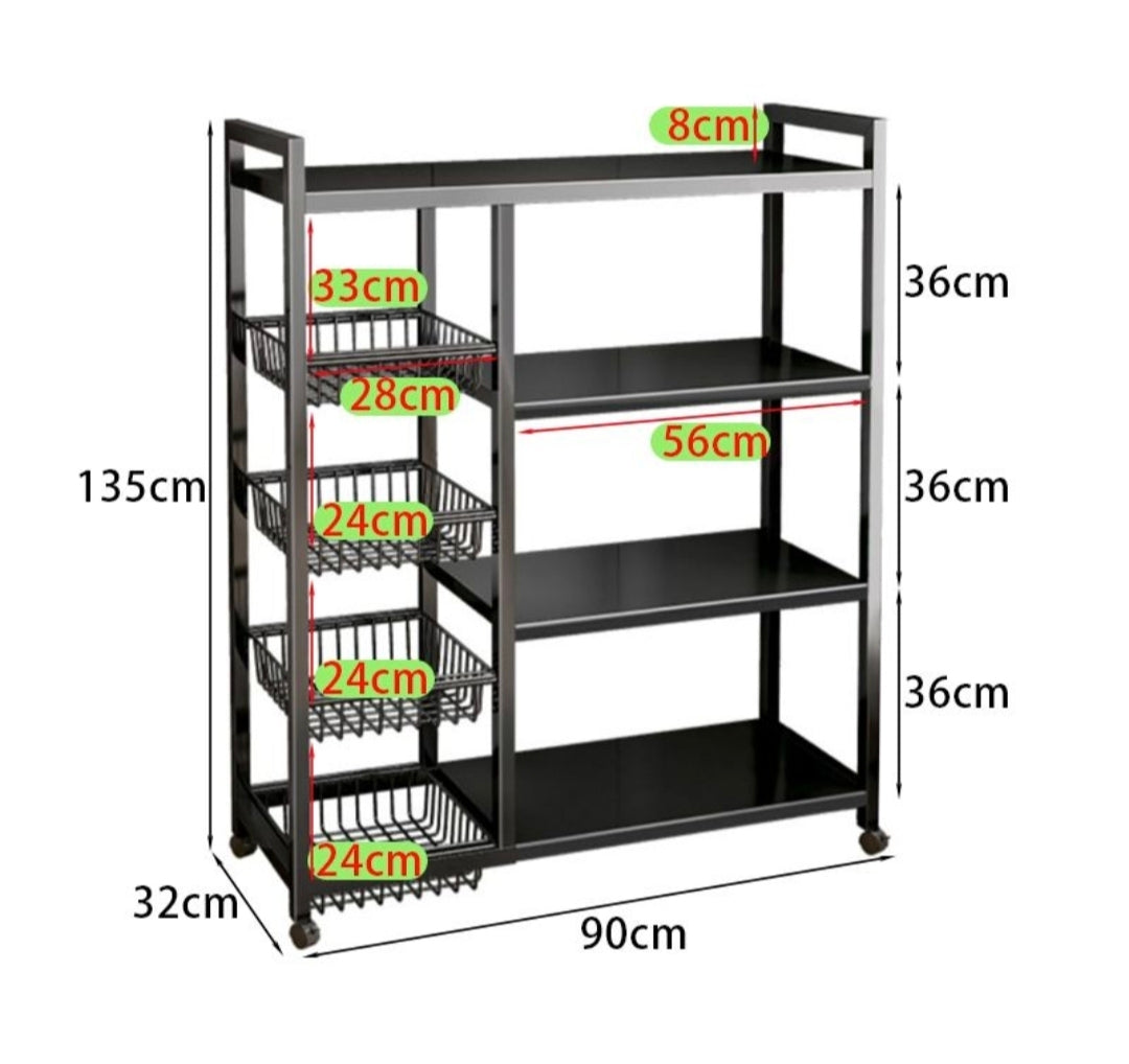 Black metal rolling storage shelf with four tiers, including two wire baskets on the left side, shown with overlaid dimensions in centimeters on a white background.
