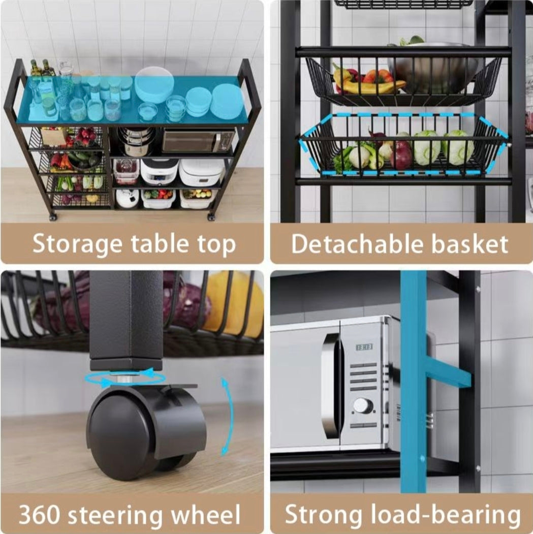 A four-panel product demonstration collage of a black metal rolling storage table with detachable baskets and casters. The panels show the table top with dishes, the detachable baskets holding vegetables and bowls, a close-up of the 360-degree caster wheel, and the table supporting a microwave under the label 'Strong load-bearing'.