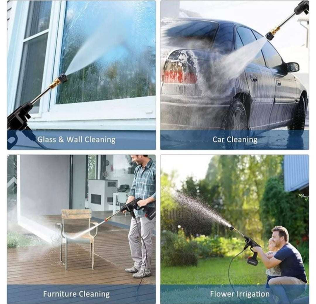 Pressure washer being used for glass cleaning, car washing, furniture cleaning, and flower irrigation.