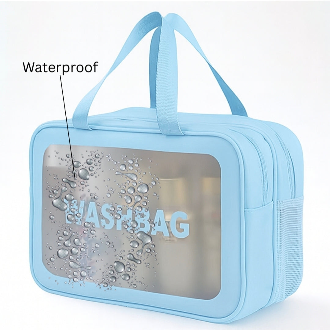 Blue toiletry bag with clear window showing water droplets, labeled 'Waterproof'.