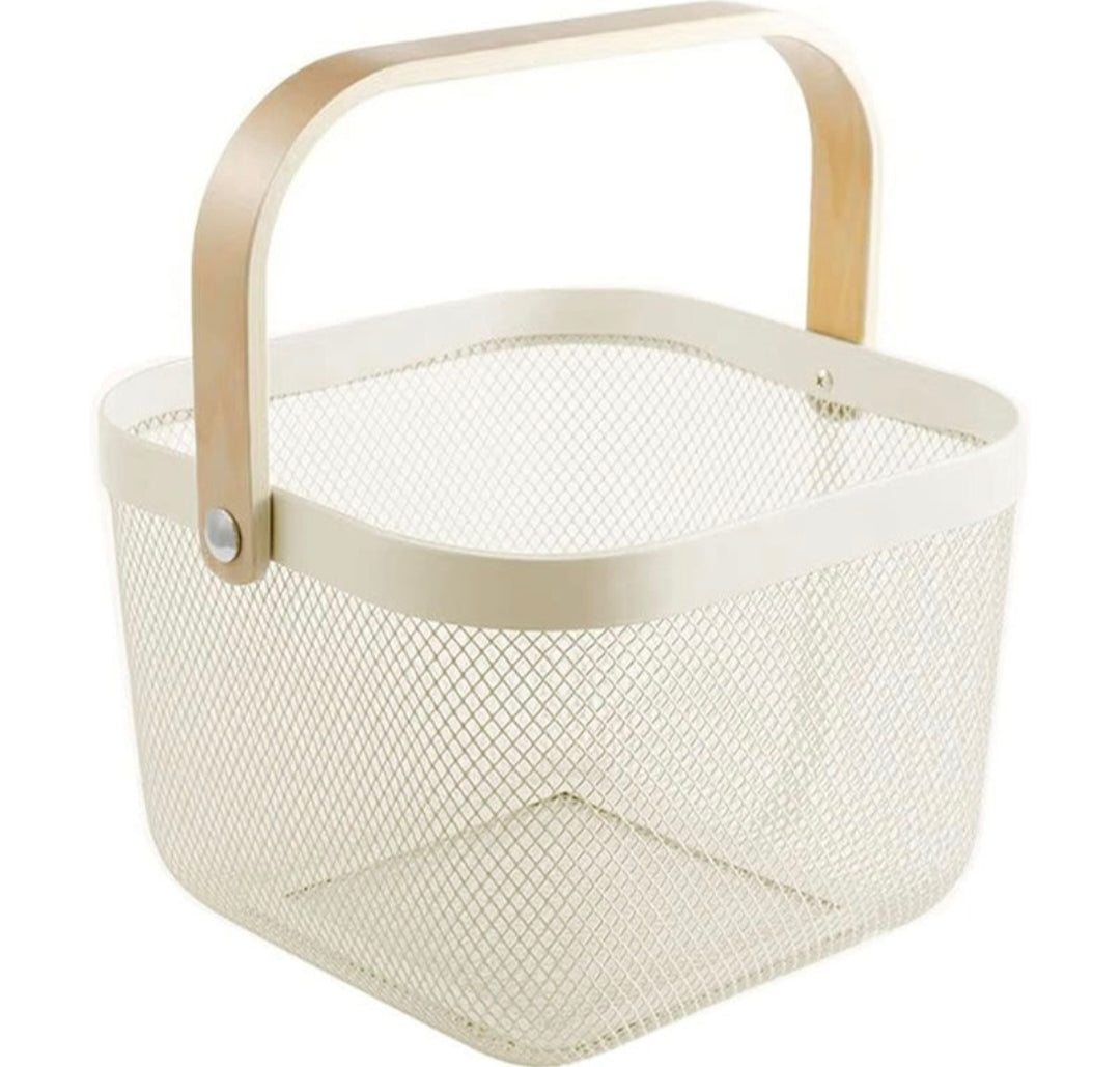 A square mesh storage basket with a light beige wooden handle and trim, shown on a solid white background.