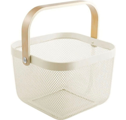 A square mesh storage basket with a light beige wooden handle and trim, shown on a solid white background.